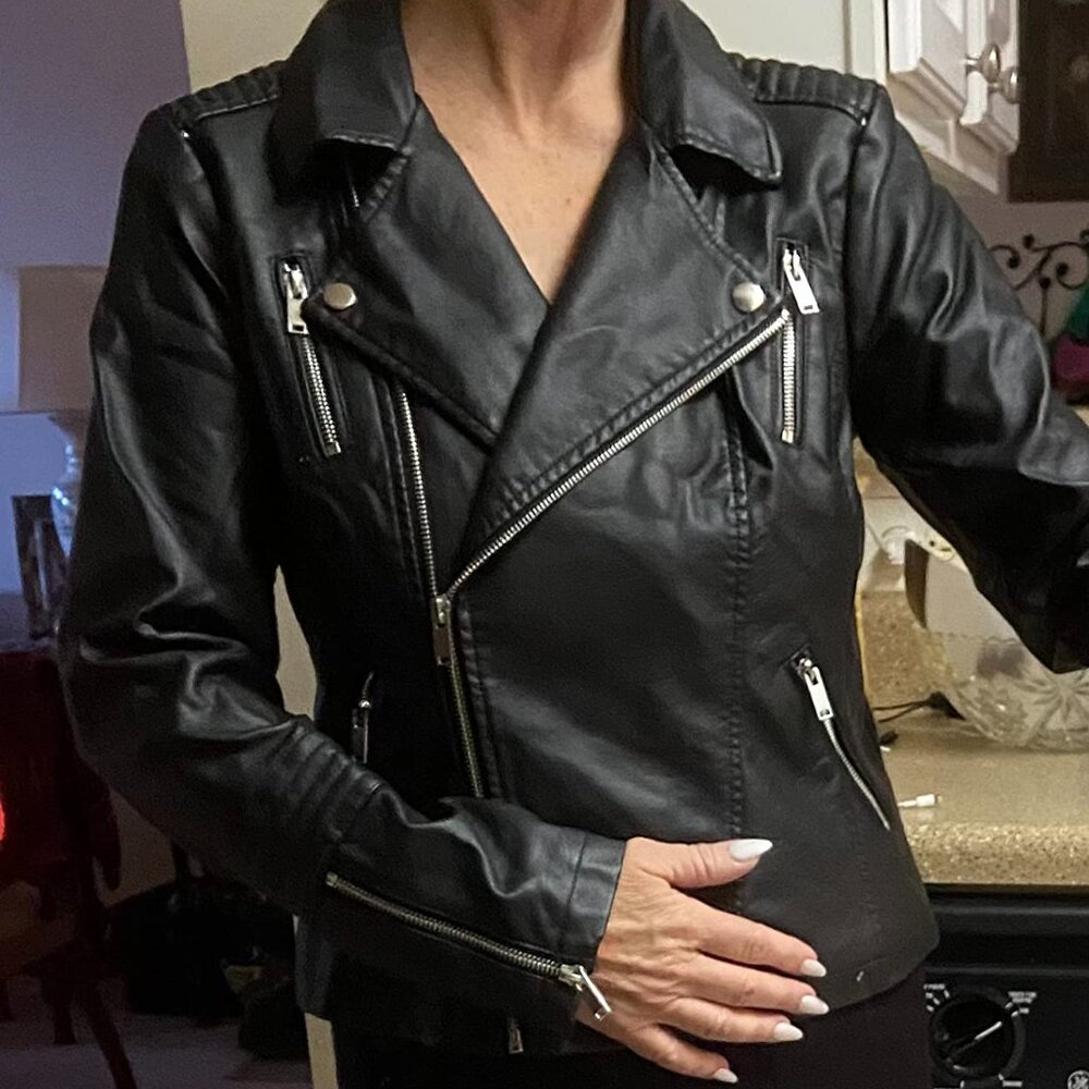 Women's Black Faux Leather Jacket Vegan Biker Vintage Design Imported Coat